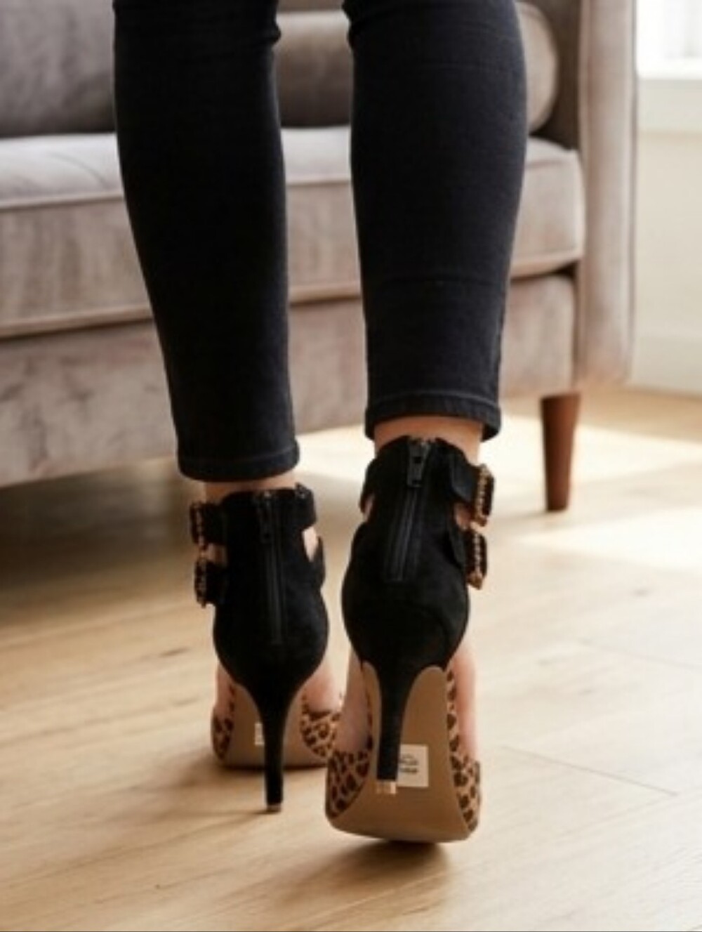 LILIANA Leopard & Black Buckle Ankle Strap Peep-Toe Stiletto Heels (Size 7.5) - Picture 12 of 15